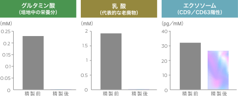 グルタミン酸（培地中の栄養分）／乳酸（代表的な老廃物）／エクソソーム（CD9／CD63陽性）、精製前・精製後の比較